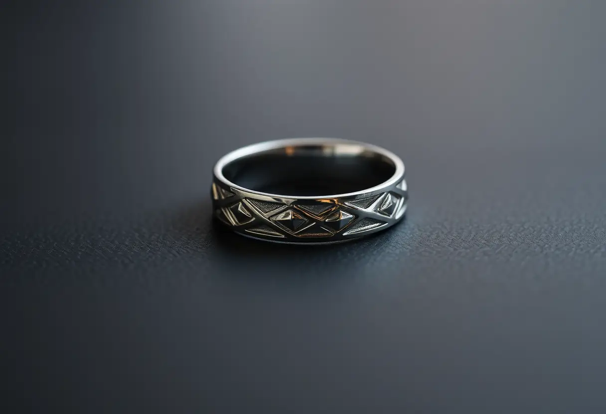 Bague argentée aux motifs géométriques sur fond noir, design contemporain