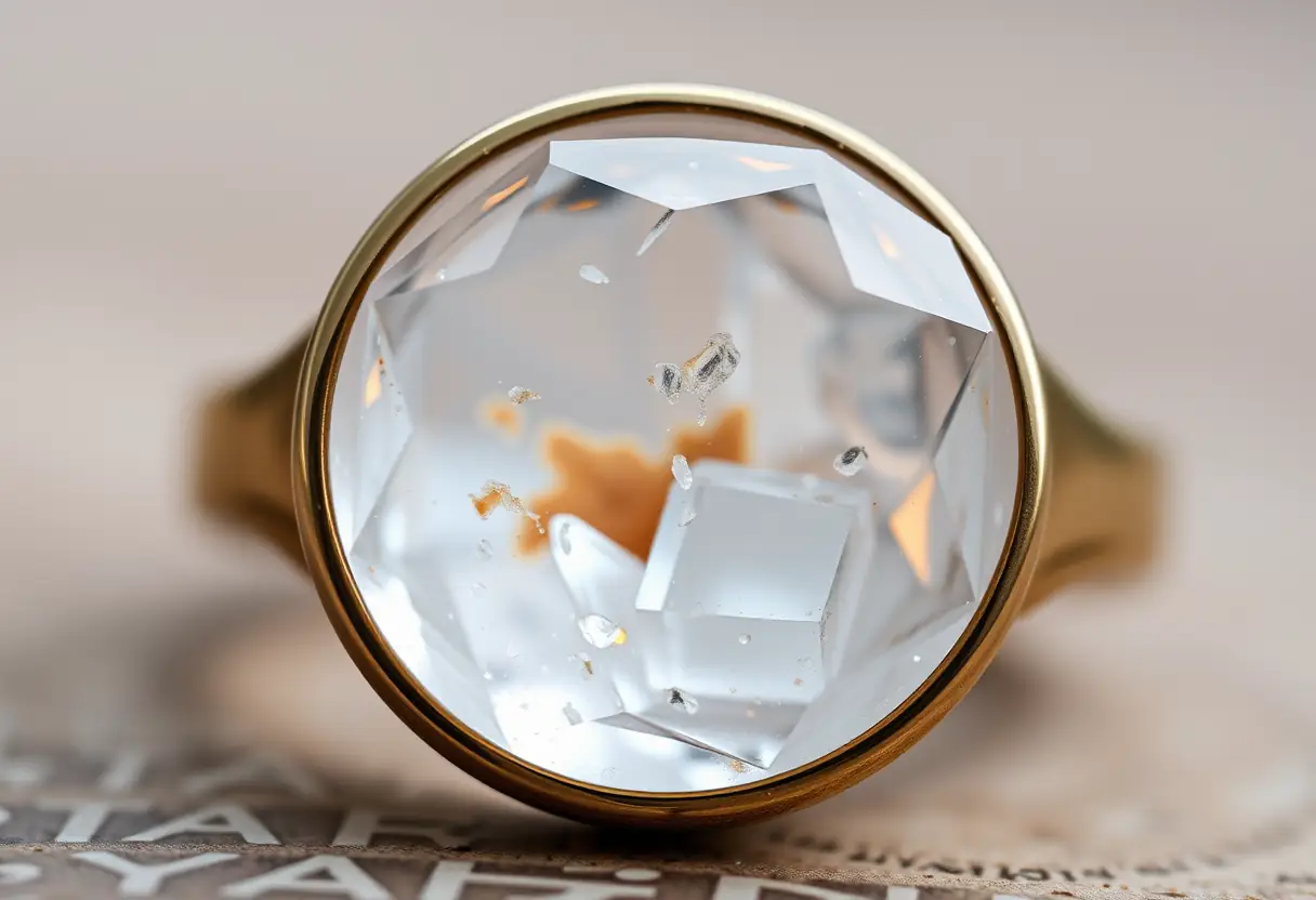Un plan rapproché d'un cristal de quartz intégré dans un fermoir de bague, mettant en valeur sa transparence