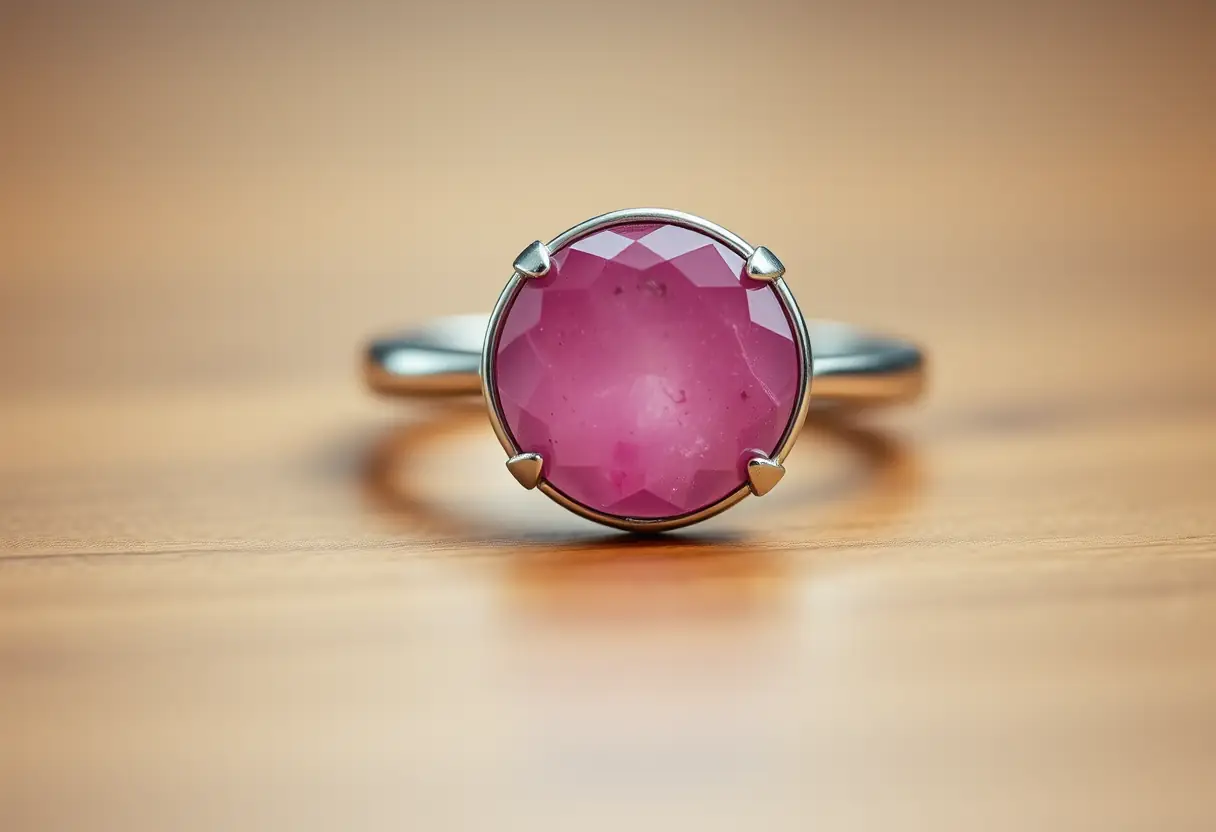 Vue rapprochée d'une pierre rose posée sur un meuble, mettant en valeur sa texture douce et sa brillance subtile