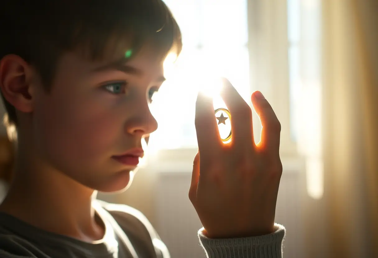 Un ado admire une bague en or avec un motif d'étoile