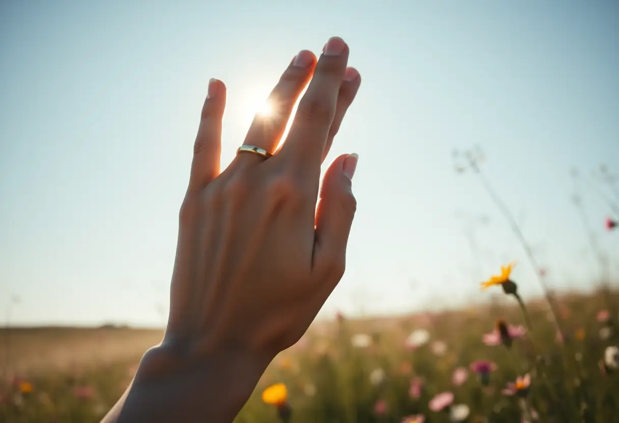 Main tenant une bague simple en or dans un champ de fleurs sauvages