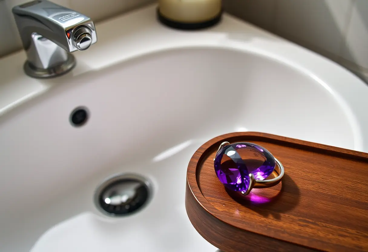 Un lavabo avec une goutte d'eau reflétant les couleurs changeantes d'une bague