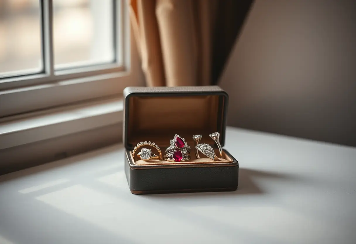 Boîte contenant des alliances de rubis et de diamants