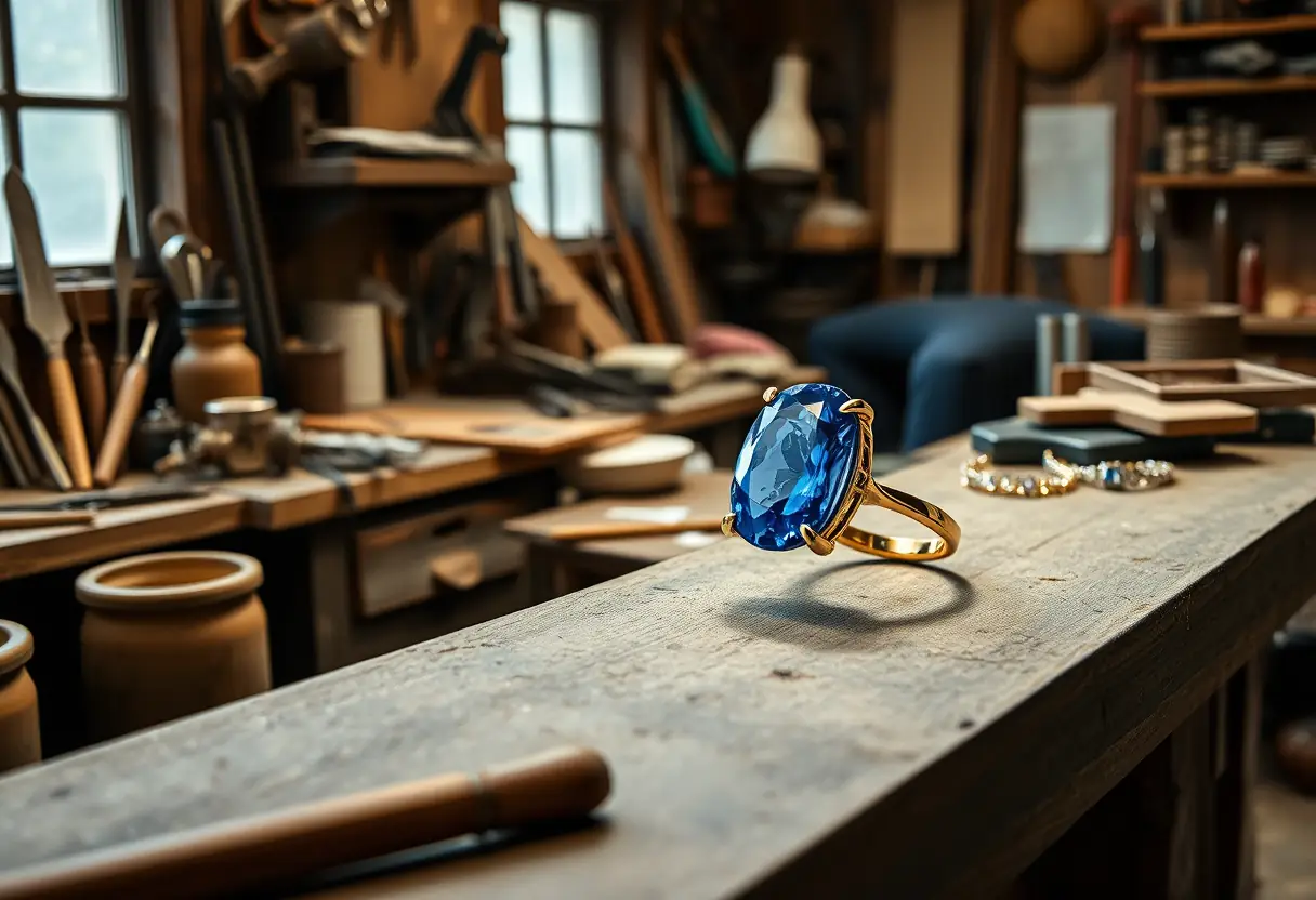 Atelier de joaillerie avec des outils et des bijoux en cours de fabrication, une bague saphir en or mise en avant