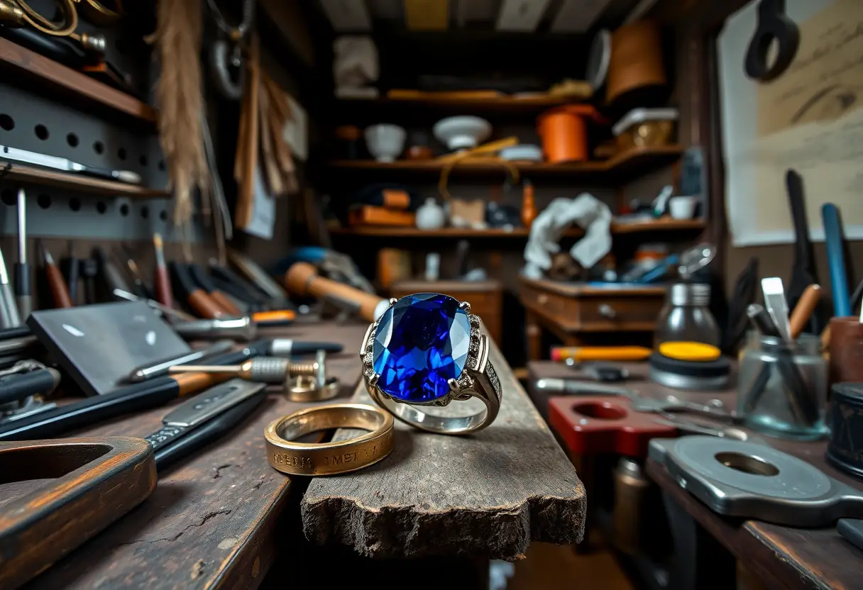 Atelier de joaillerie avec outils et bijoux en cours de fabrication, y compris une bague avec saphir bleu foncé