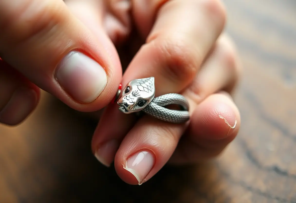 Main polissant une bague serpent en argent