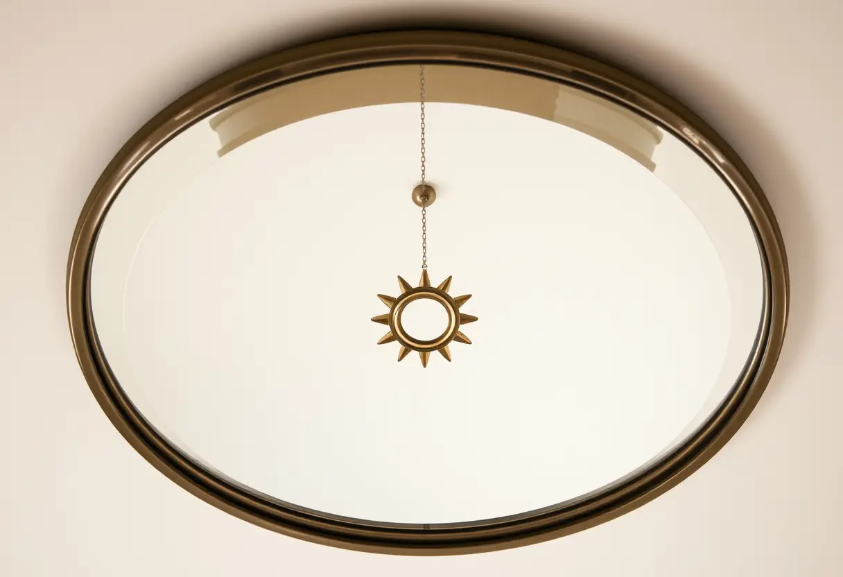 Miroir circulaire reflétant un pendentif en forme de soleil