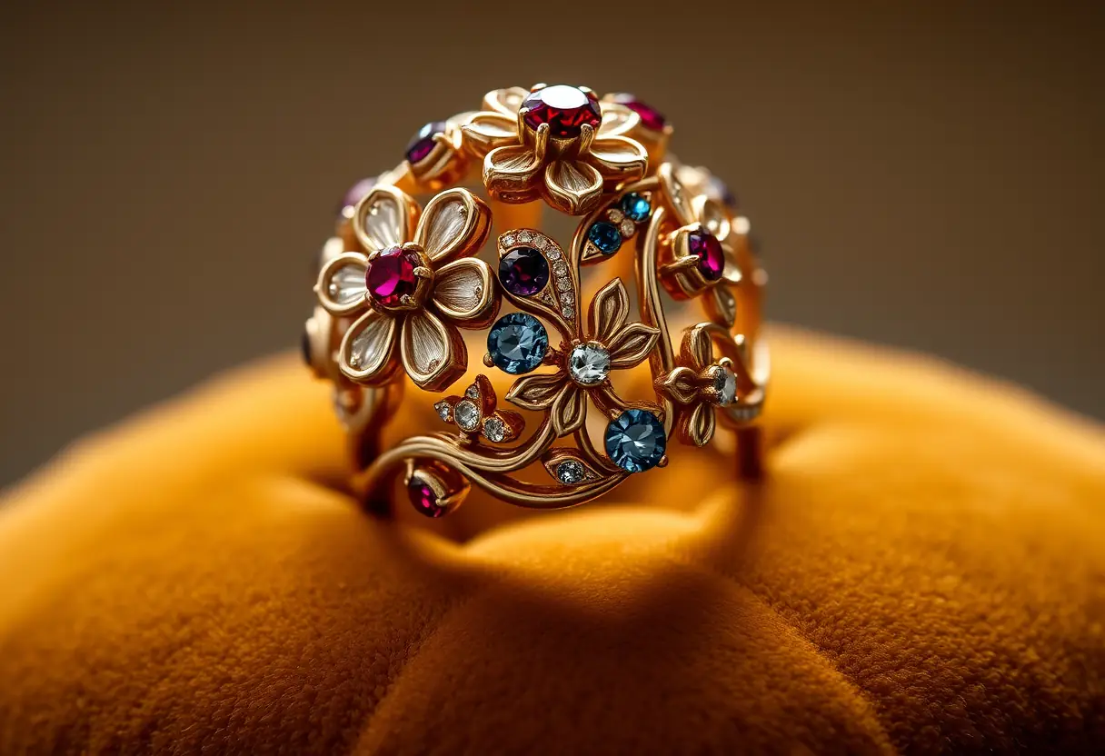 Bague ornée de fleurs et de pierres précieuses sur un coussin de velours