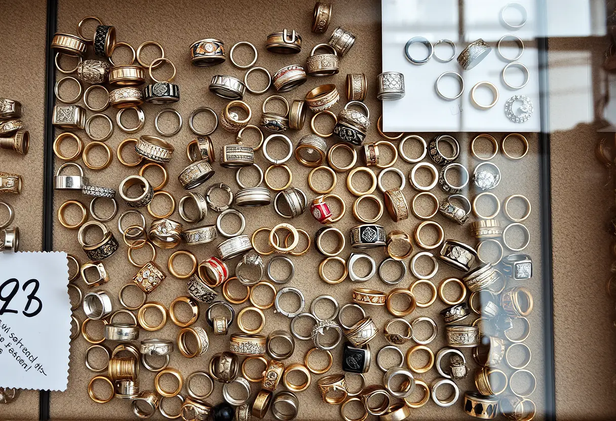 Vue d'ensemble d'un présentoir à bijoux rempli d'anneaux en différents métaux et designs