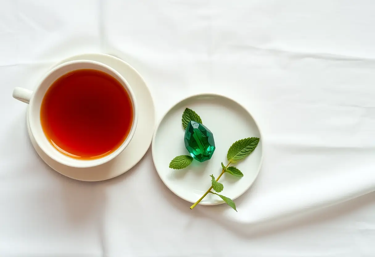 Vue d'en haut d'une table avec une tasse de thé, une pierre tourmaline verte et des feuilles de menthe