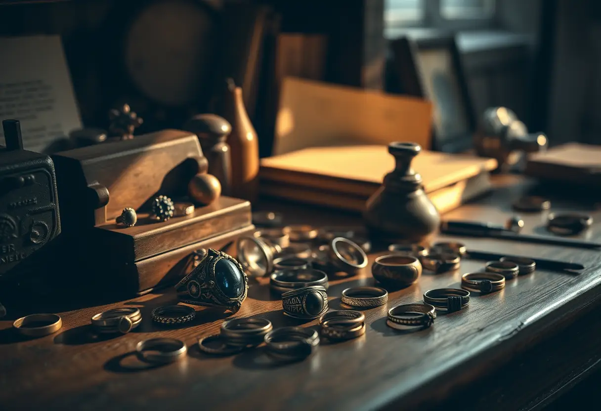 Un bureau ancien en bois chargé de bagues vintage, chaque pièce racontant son histoire