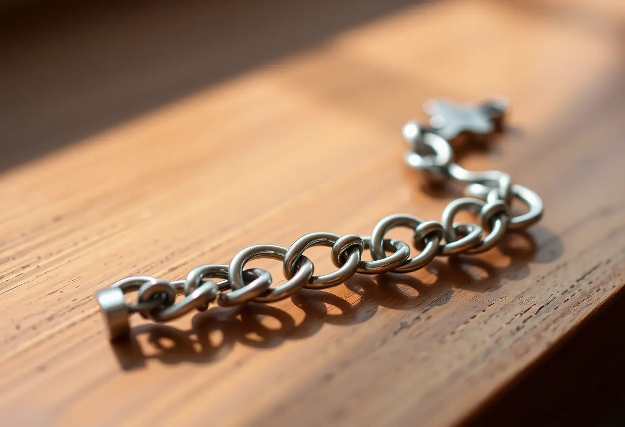 Un bracelet en argent posé sur une table en bois