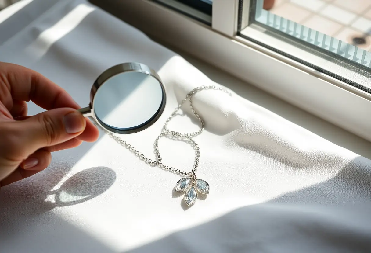 Main regardant une parure en argent au microscope
