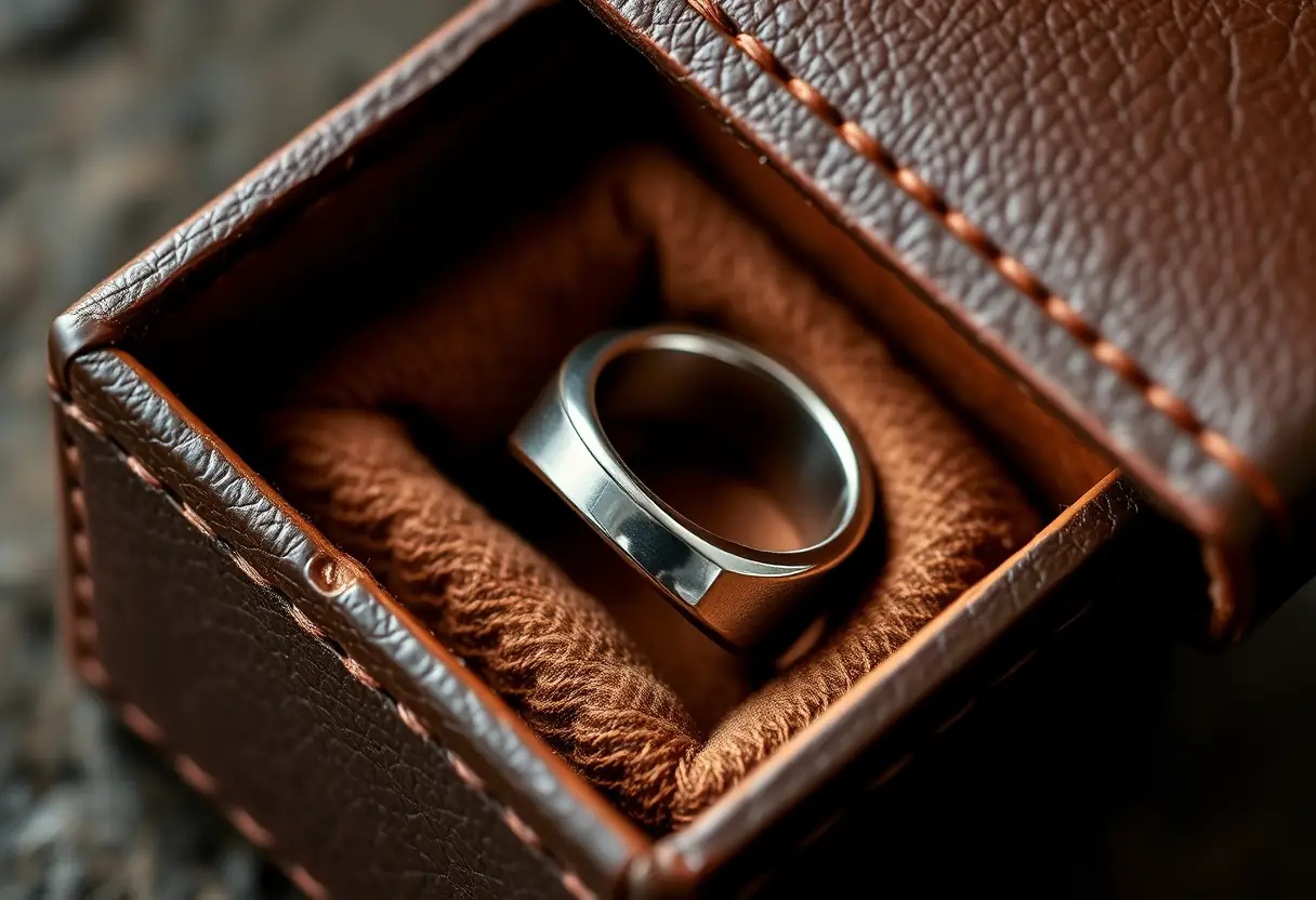 Boîte en cuir contenant une bague en argent