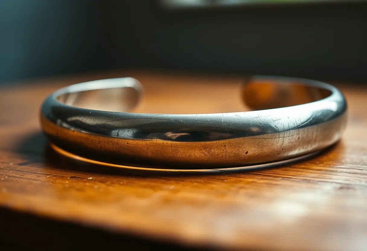 Bracelet en argent patiné sur une table en bois