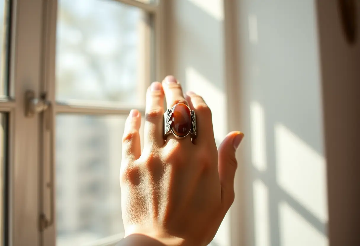 Main tenant une bague en argent avec pierre d'agate