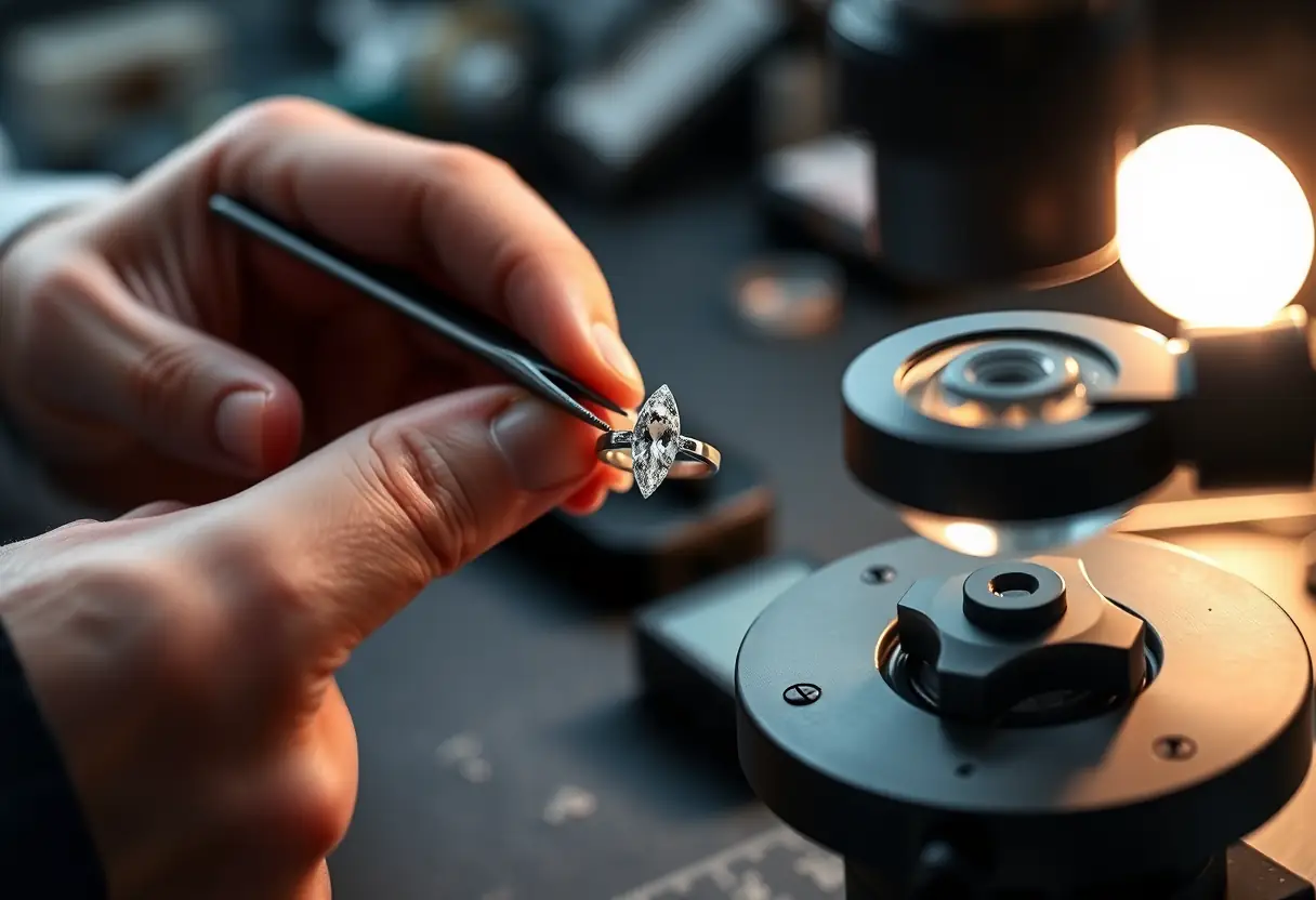 Main dorfèvre examinant une bague marquise