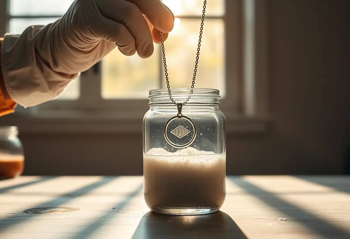 Main tenir bijoux en argent propres avec des ingrédients naturels