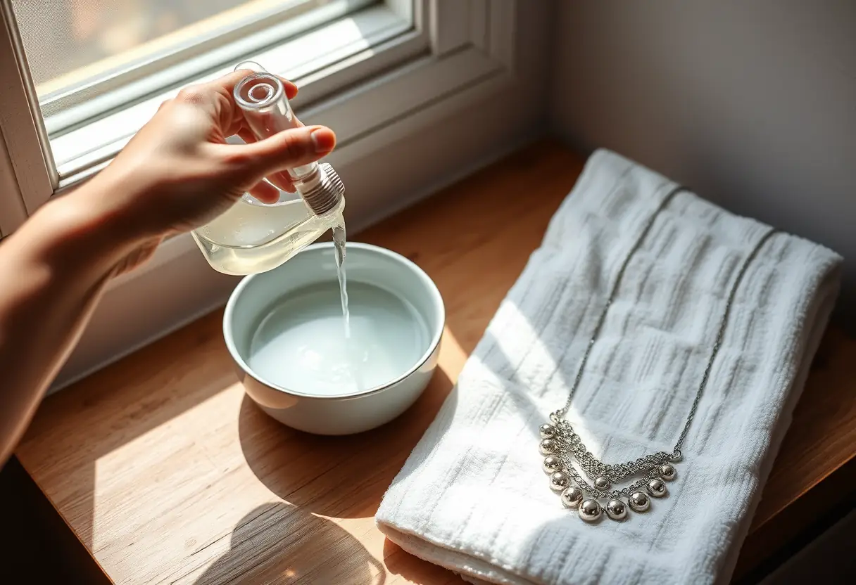 Main de quelqu'un qui verse du savon liquide près d'un collier en argent posé sur un linge blanc
