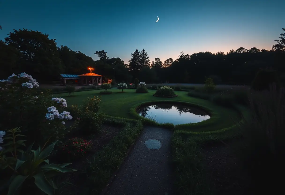 Jardin paisible au crépuscule, sentier menant à un petit étang reflétant la lune croissante