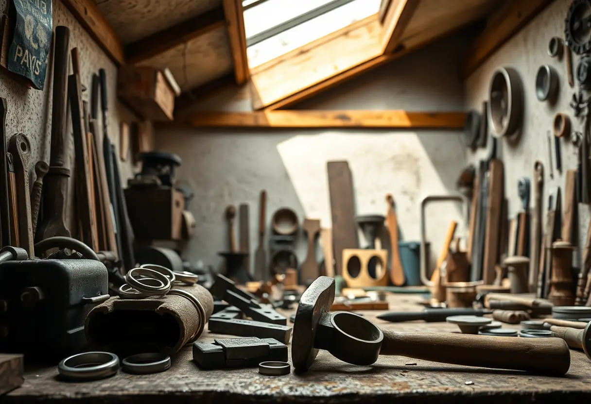 Atelier d'orfèvre avec outils et bagues inachevées, lumière naturelle