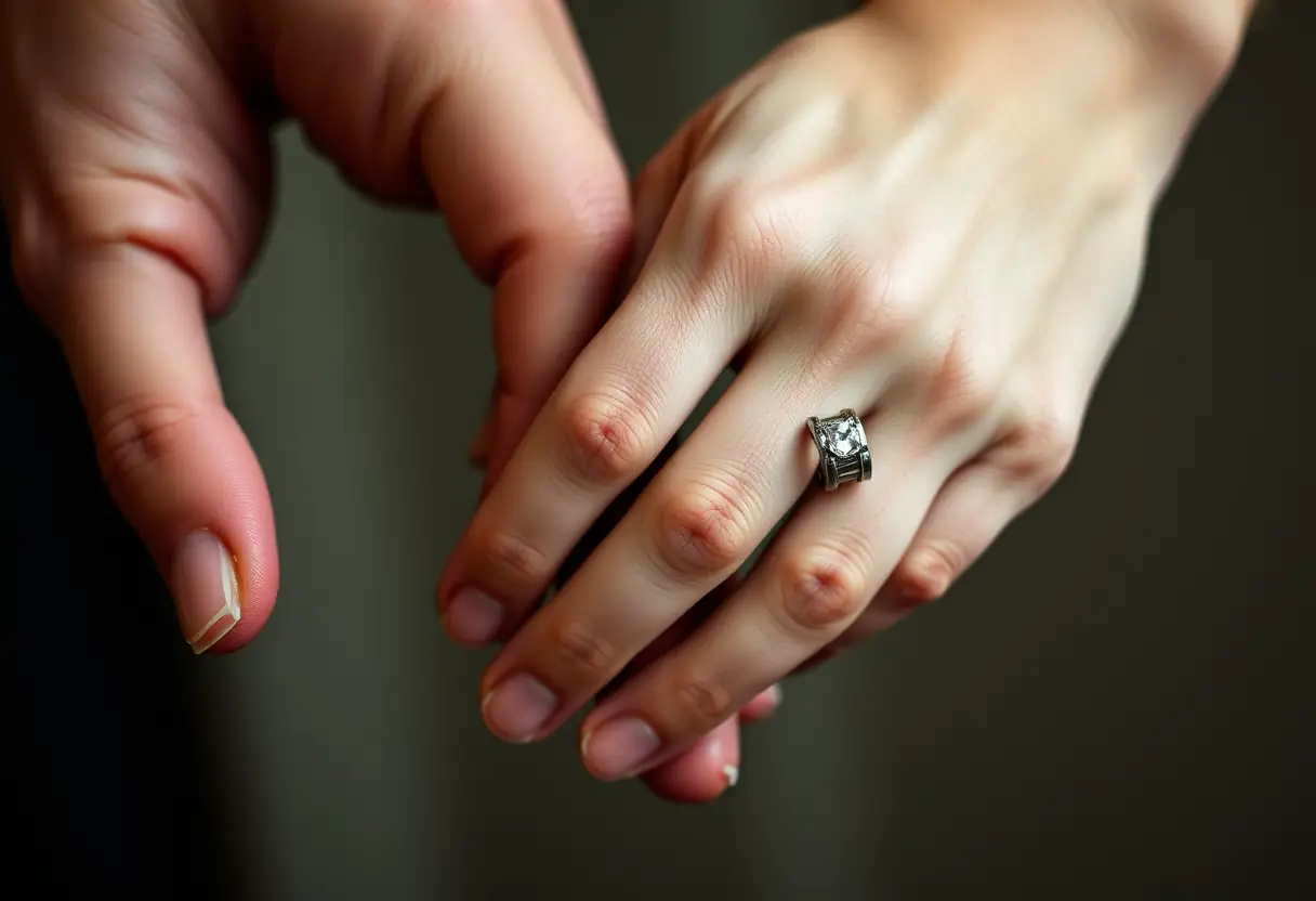 Les mains entrelacées, la main droite portant une bague en argent tandis que la main gauche reste nue