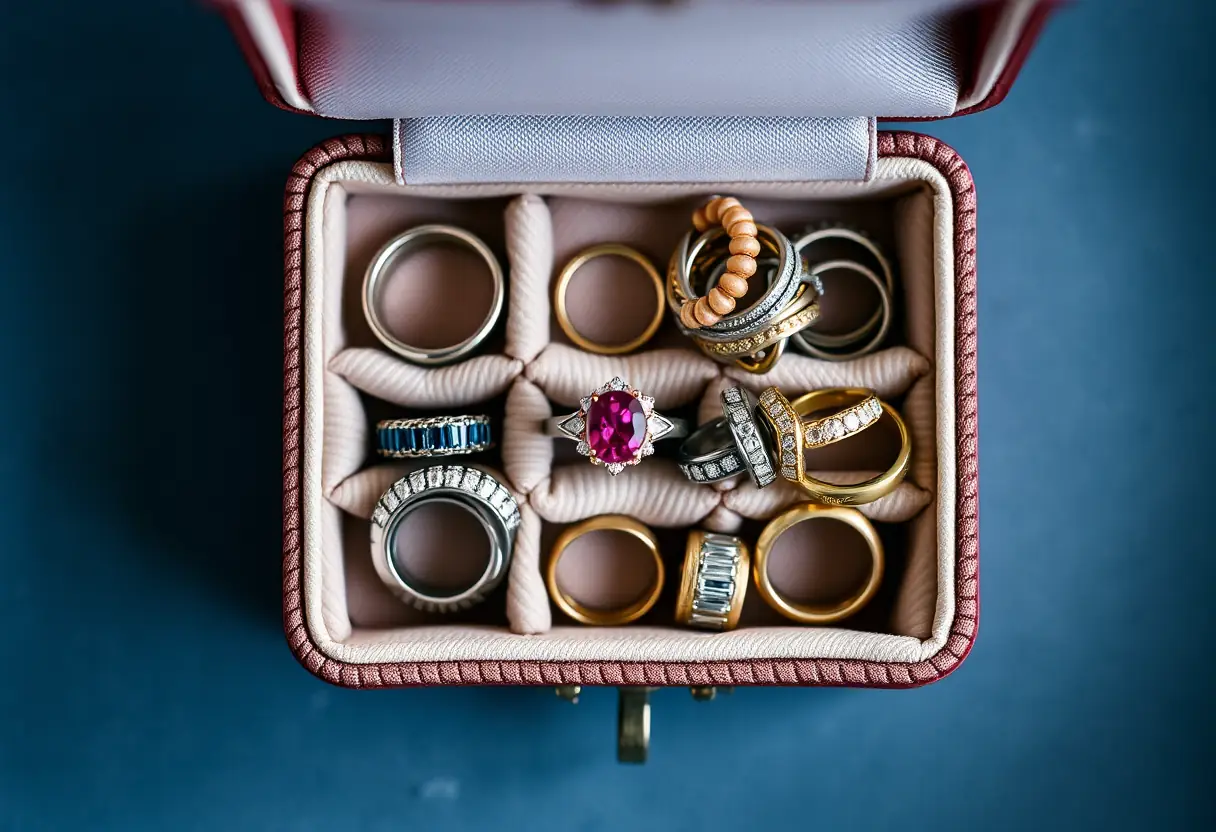 Une boîte à bijoux ouverte révélant plusieurs bagues, dont une en saphir rose