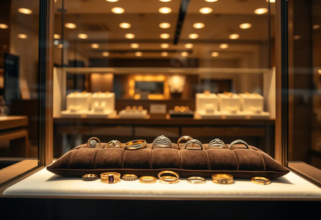 Des anneaux de différentes matières et styles dans une vitrine de bijouterie moderne