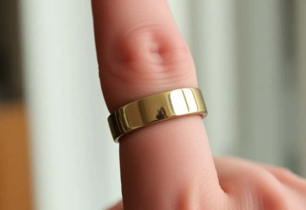 Doigt portant une bague d'or, légèrement plié pour illustrer le bon ajustement
