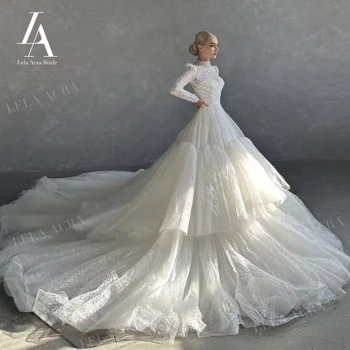 Robe de mariée à manches longues, magnifique robe de soirée princesse mariée LelaAcra ER73, personna