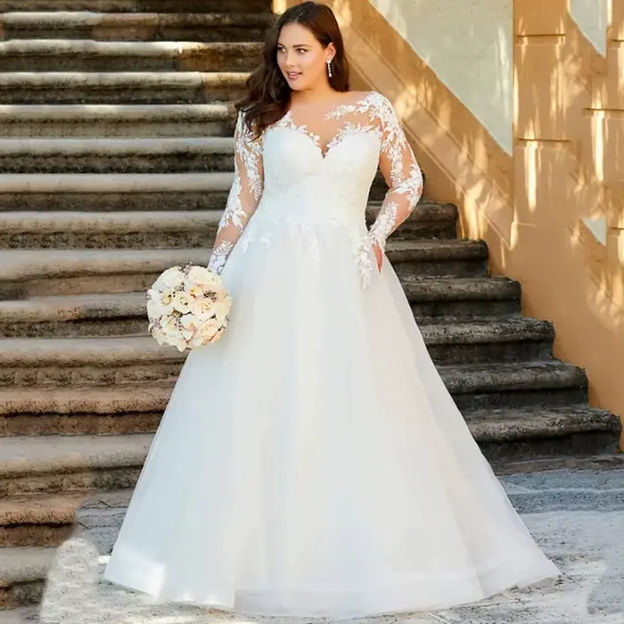 Robe de mariée blanche minimaliste, légère, de luxe, manches longues, grande taille, jupe en gaze lé