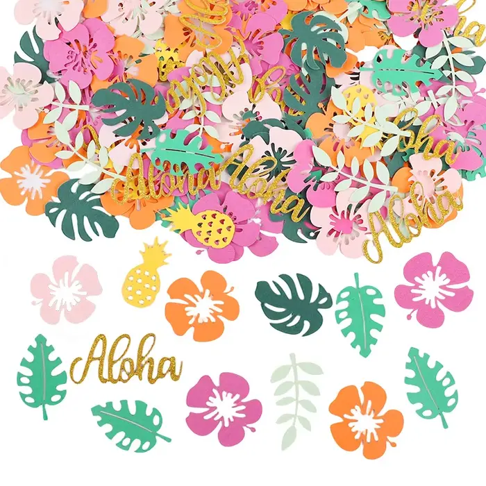 100 pièces de confettis de table Hawaï, fleurs tropicales, feuilles de palmier Aloha, décoration pou