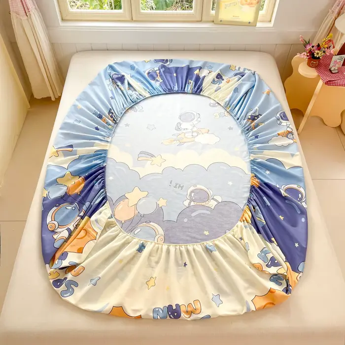 Drap-housse 100 % coton motif astronaute de dessin animé pour adultes et enfants, housse de matelas à poches profondes avec élastique et taies d'oreiller