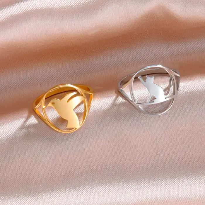 Bague ronde en acier inoxydable pour femme, bijoux fantaisie, papillon, phénix, oiseau, chat, chien, patte, hirondelle, cadeau, animal, document doré