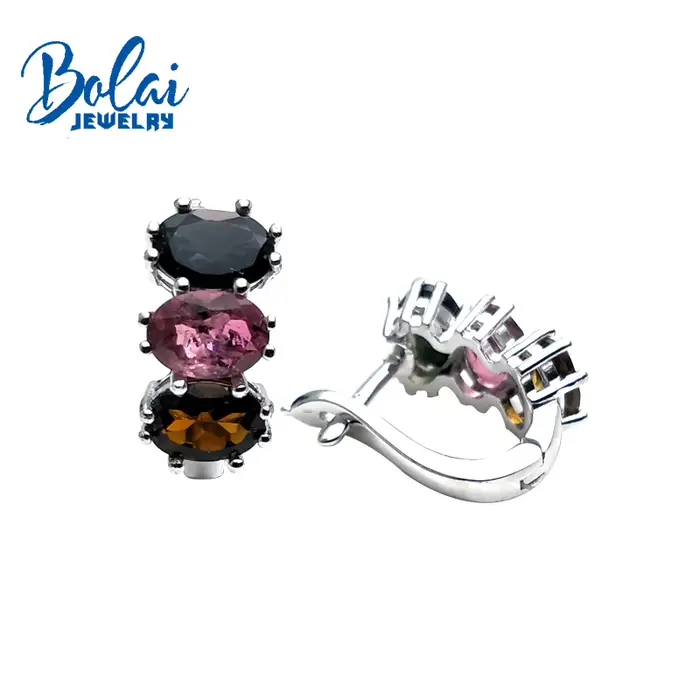 Boucles d'oreilles en tourmaline multicolore ovale, en argent sterling 925, 5x7mm, bijoux fins, boîte-cadeau pour femmes