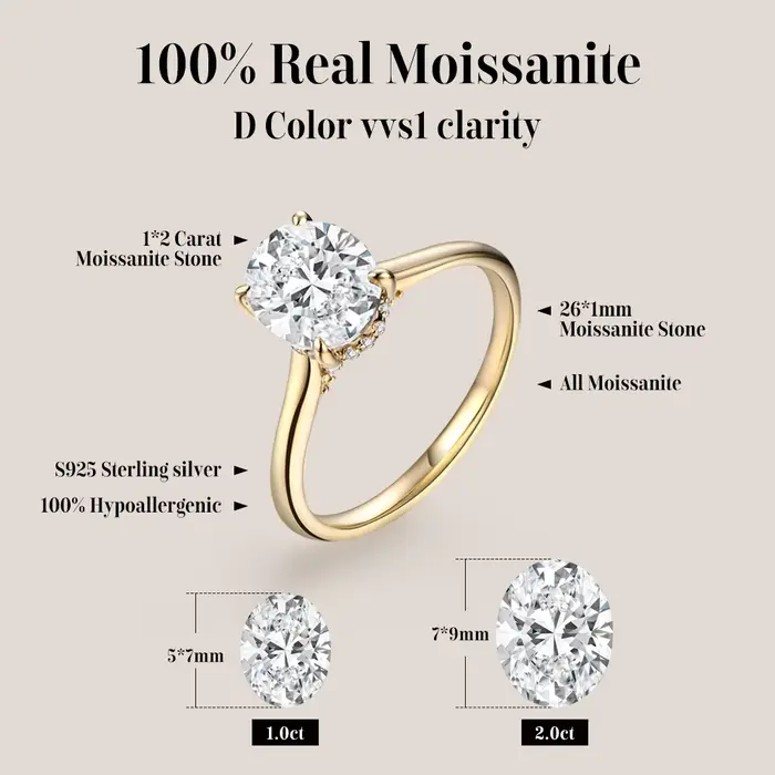 ATTAGEMS AU750 2.0CT bague Moissanite ovale coupe laboratoire diamant solide 10K 14K 18K or pour les femmes fiançailles mariée mariage bijoux fins